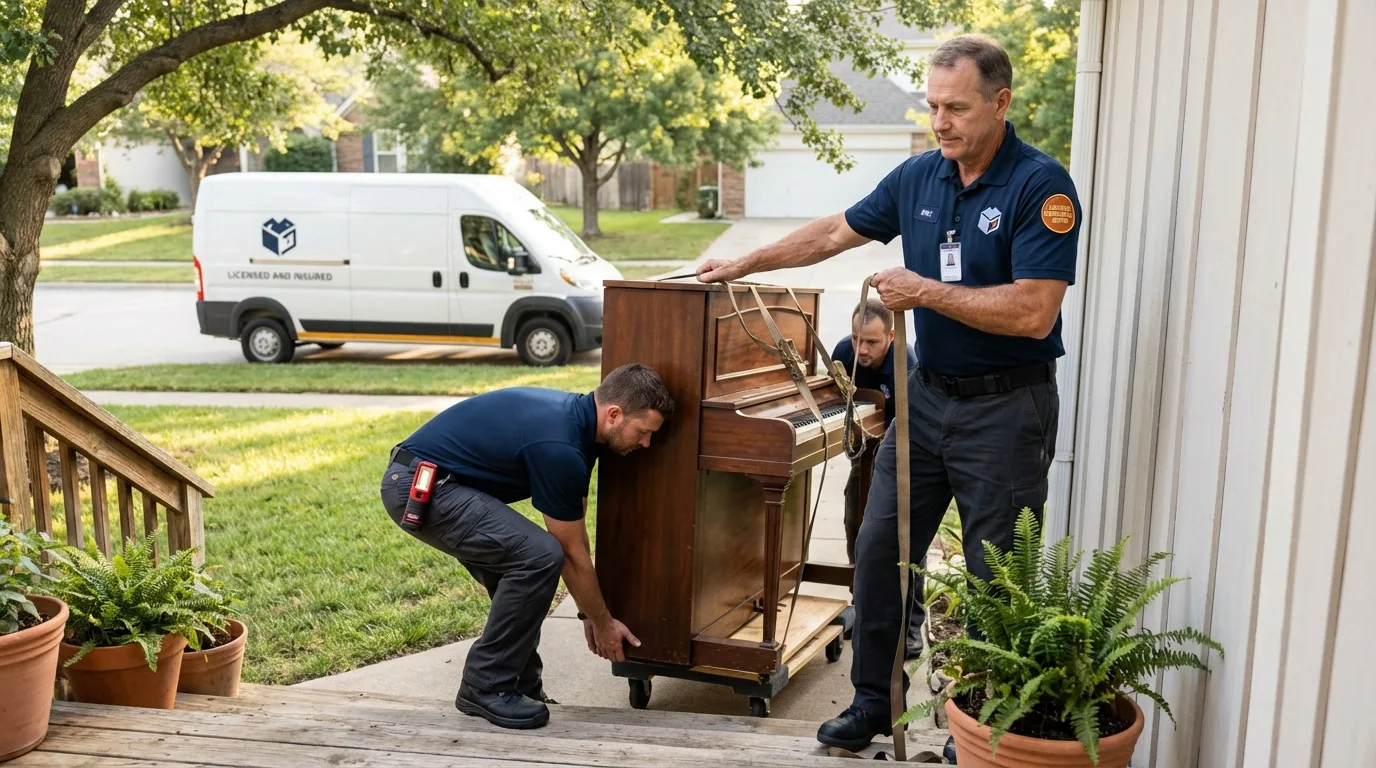 Licensed piano movers securing grand piano in Tribune, KS