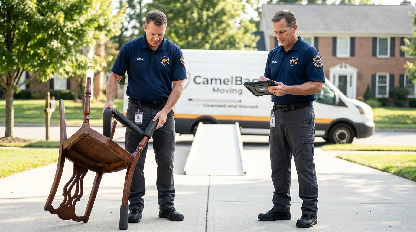 Movers inspecting furniture for damage prevention before loading in Tribune, KS