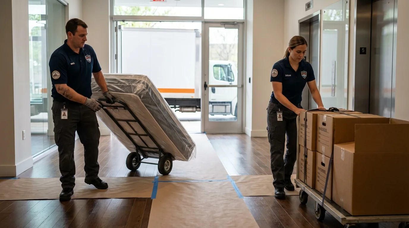Professional apartment movers loading elevator in Tribune, KS
