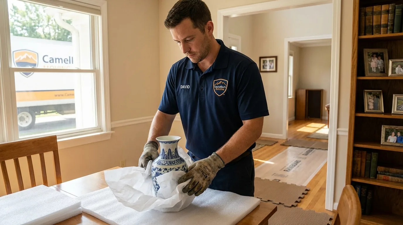 Professional crew carefully wrapping antique vase for senior downsizing move in Tribune, KS