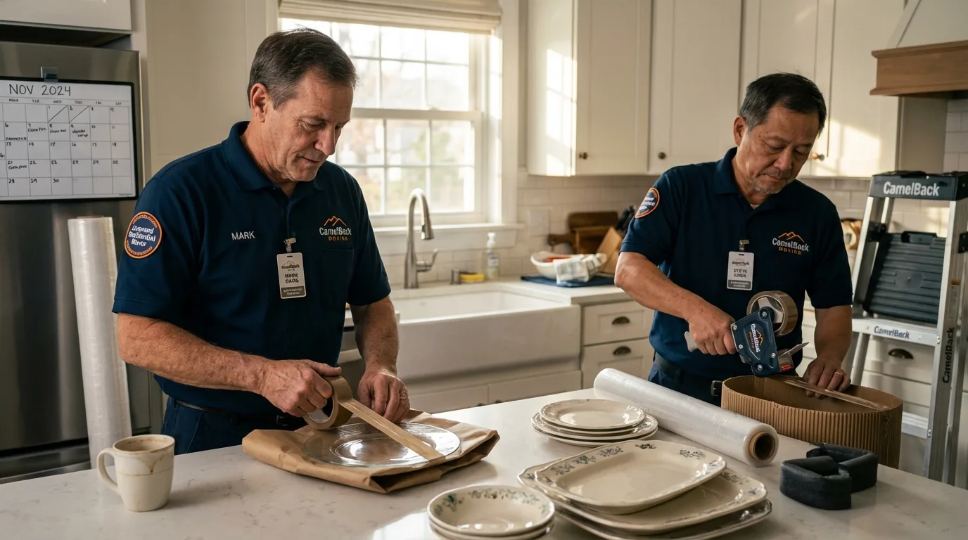 Professional crew packing kitchen dishware in Tribune, KS